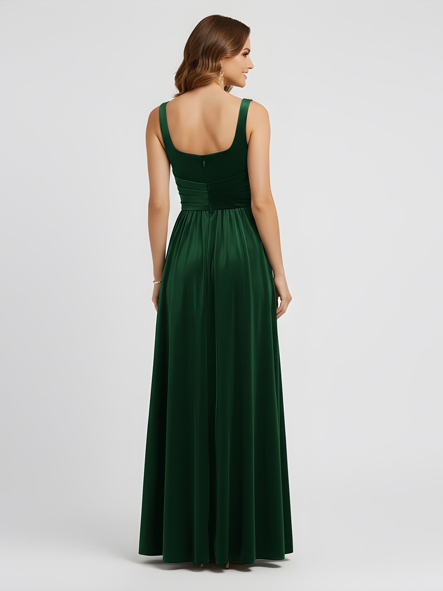 Luxury Dark Green Velvet Evening Gown Square Neck Ruched Waist High Slit Flowy A-Line Dress with Floor-Length Hem for Gala