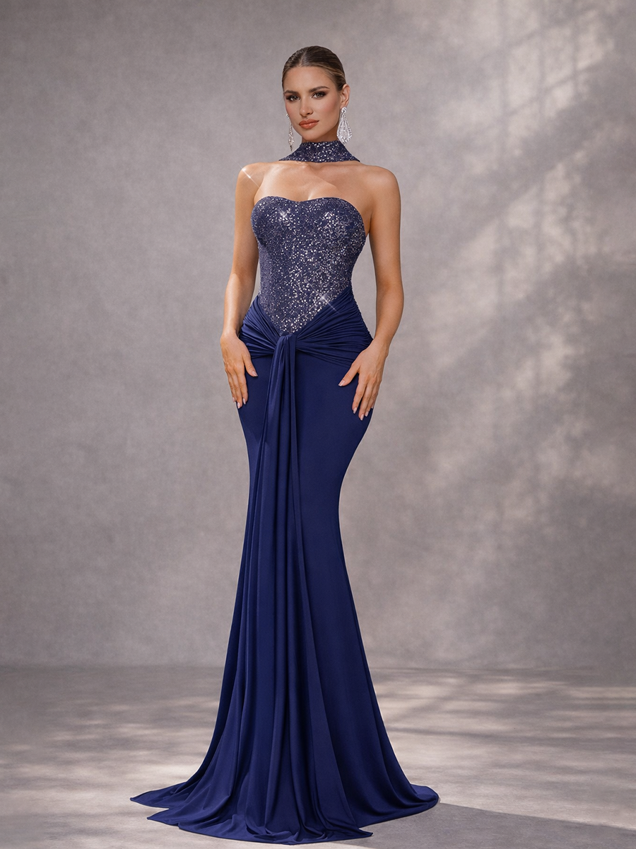Vestido de Noche Sirena sin Tirantes con Lentejuelas Fruncido Escote Corazón para Fiesta de Graduación/Noche