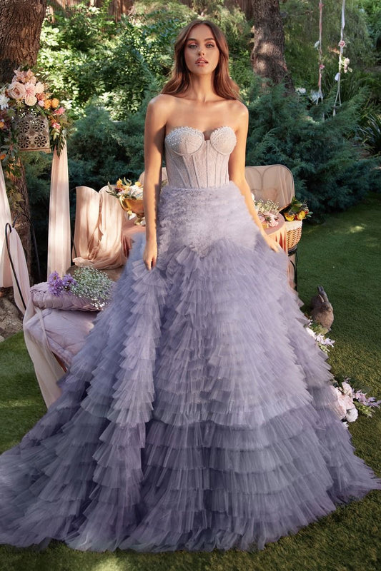 Dusty Lavender Strapless Corset Mermaid Gown - Beaded Sweetheart Ruffled Tulle Prom & Wedding Dress