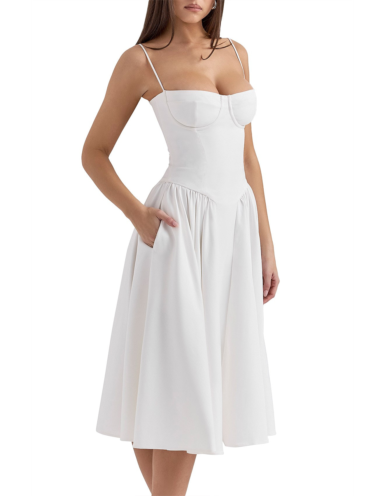A-line straight neck spaghetti strap corset midi homecoming dress with gathered skirt