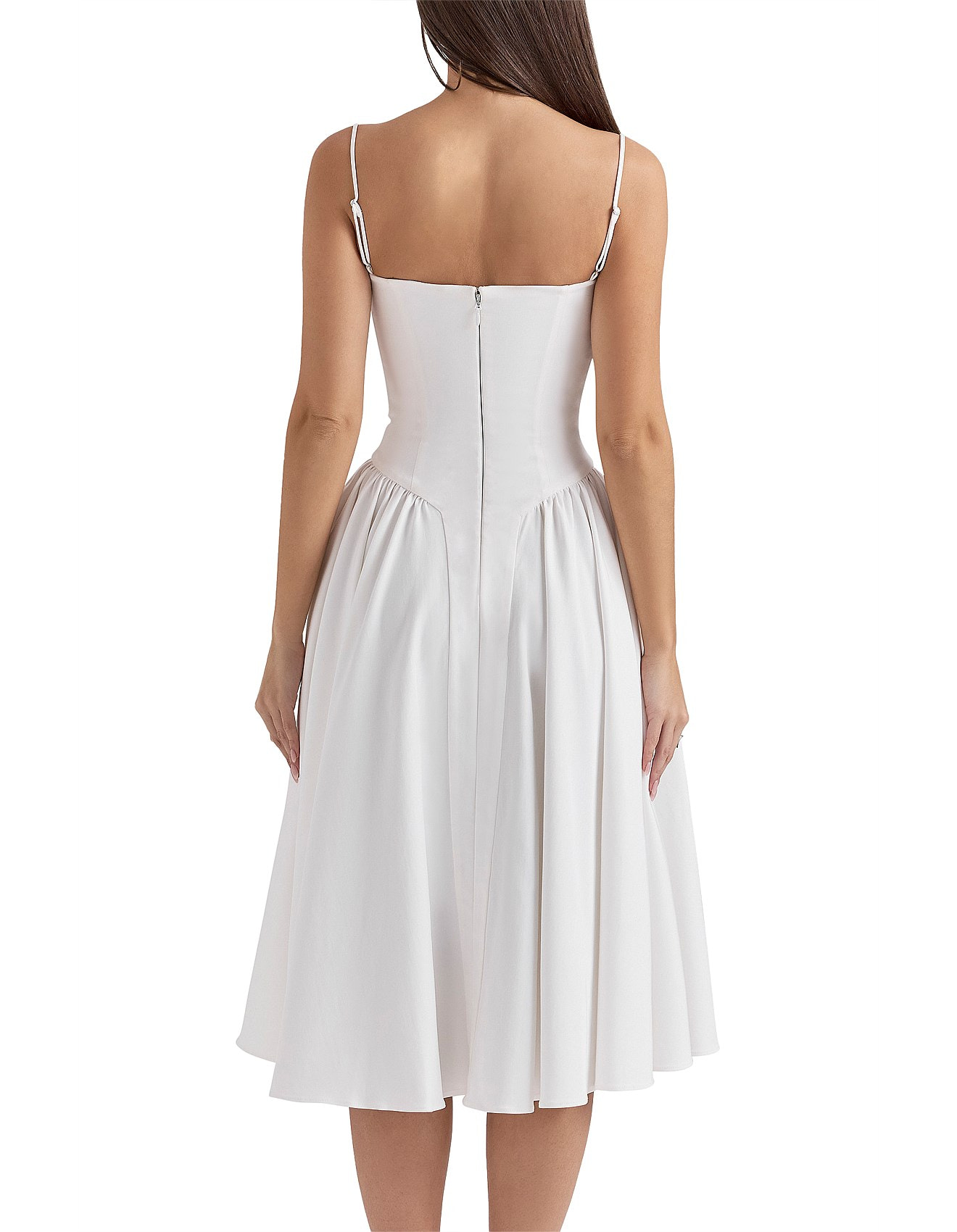 Back view of sleeveless midi homecoming dress with adjustable spaghetti straps and zipper closure