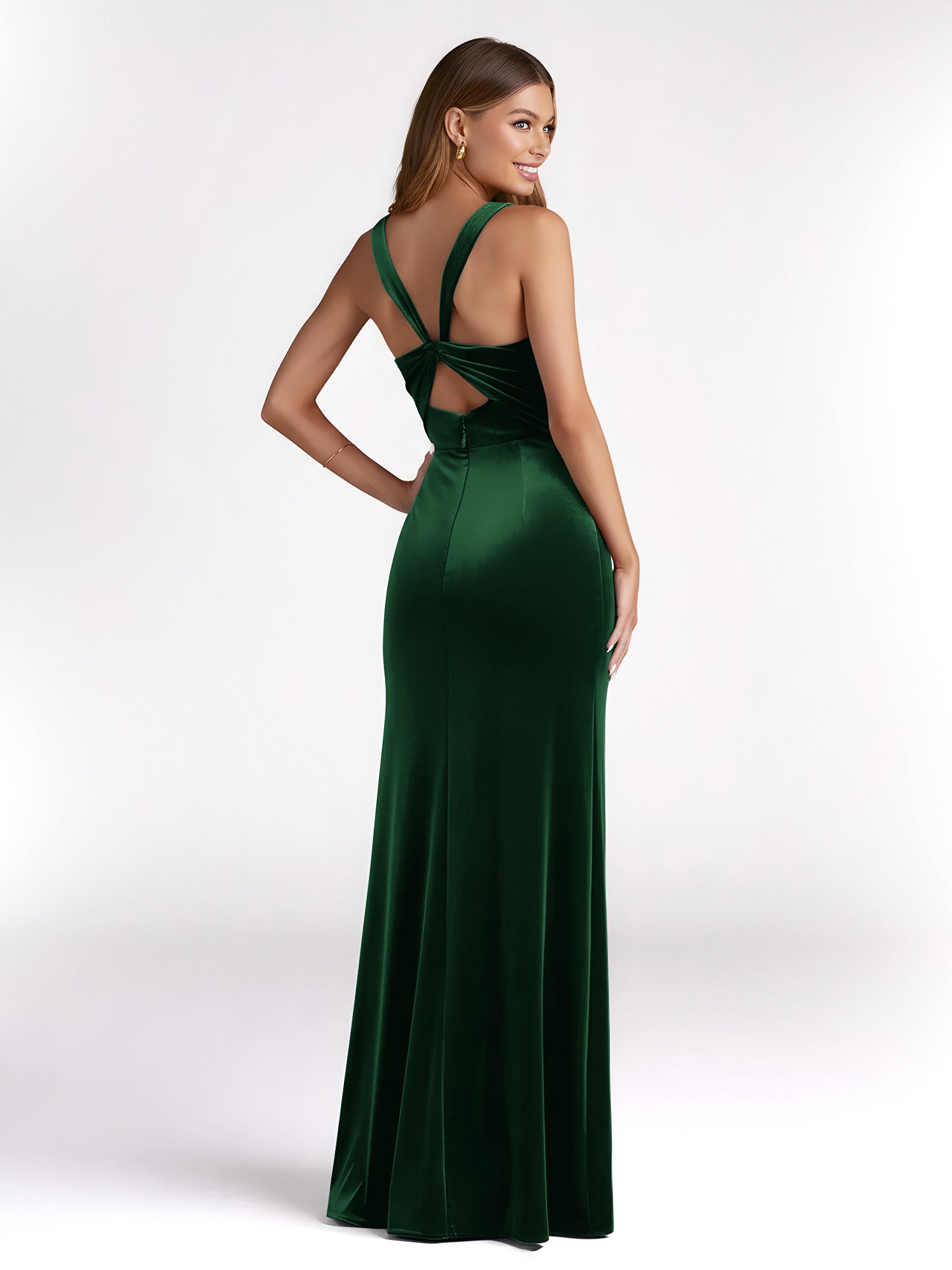 Dark Green Velvet Evening Gown Square Neck Sleeveless Ruched Waist High Slit Mermaid Maxi Dress for Gala Events and Red Carpet Moments