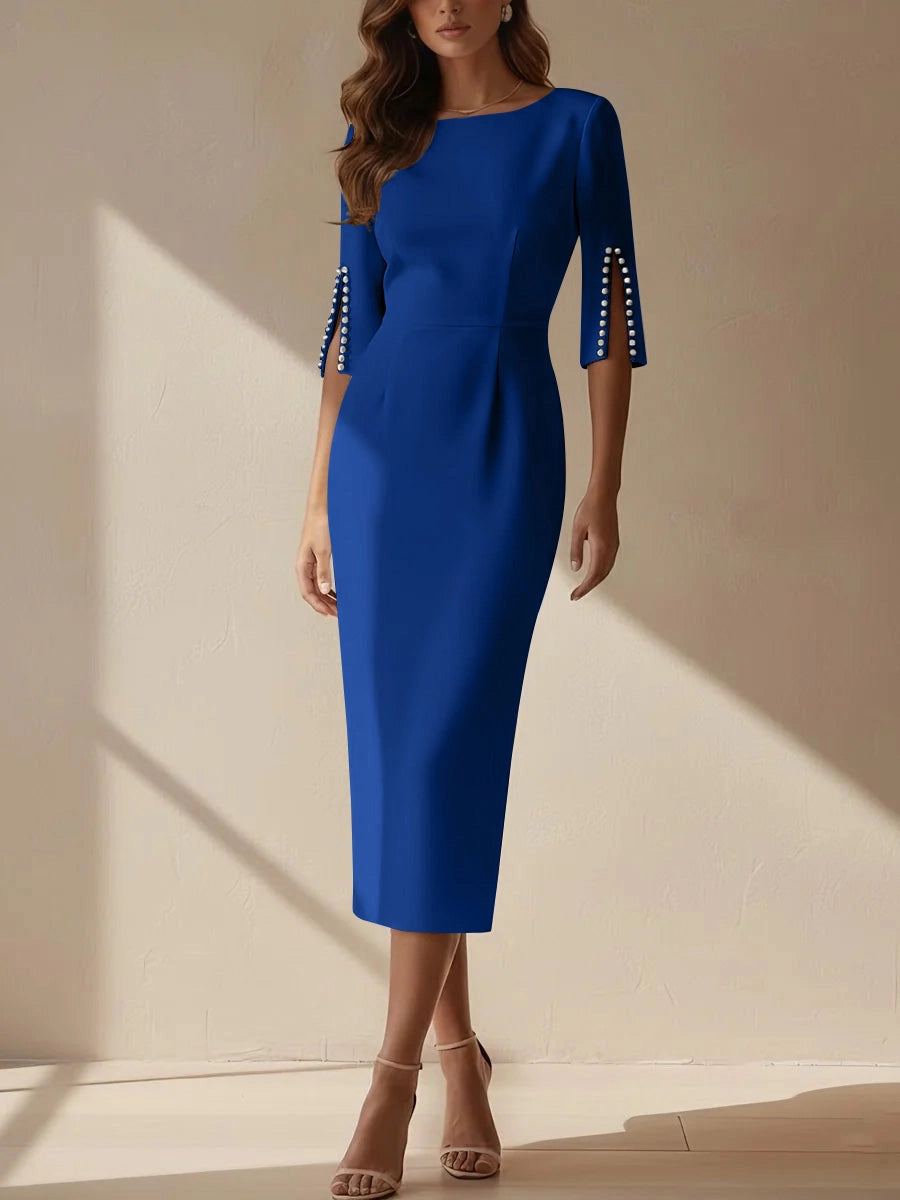 Chic Sheath Boat‑Neck Beaded‑Sleeve Zipper‑Back Midi Mother Of The Bride Dress