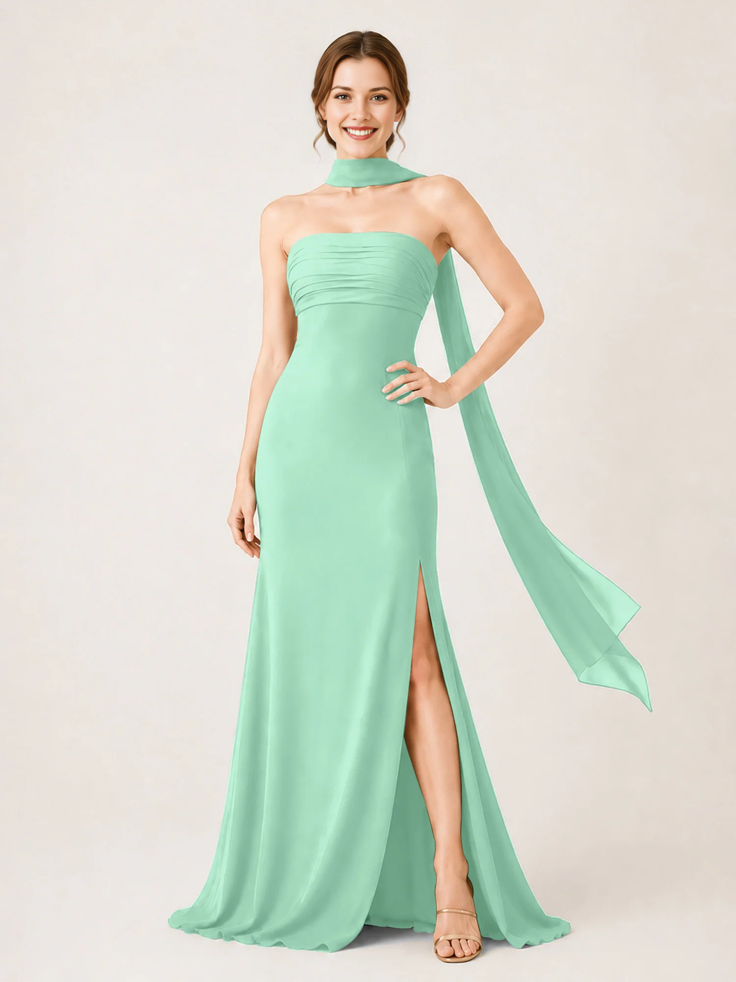 Strapless Ruched Chiffon Mermaid Bridesmaid Dress with Choker Scarf & High Slit