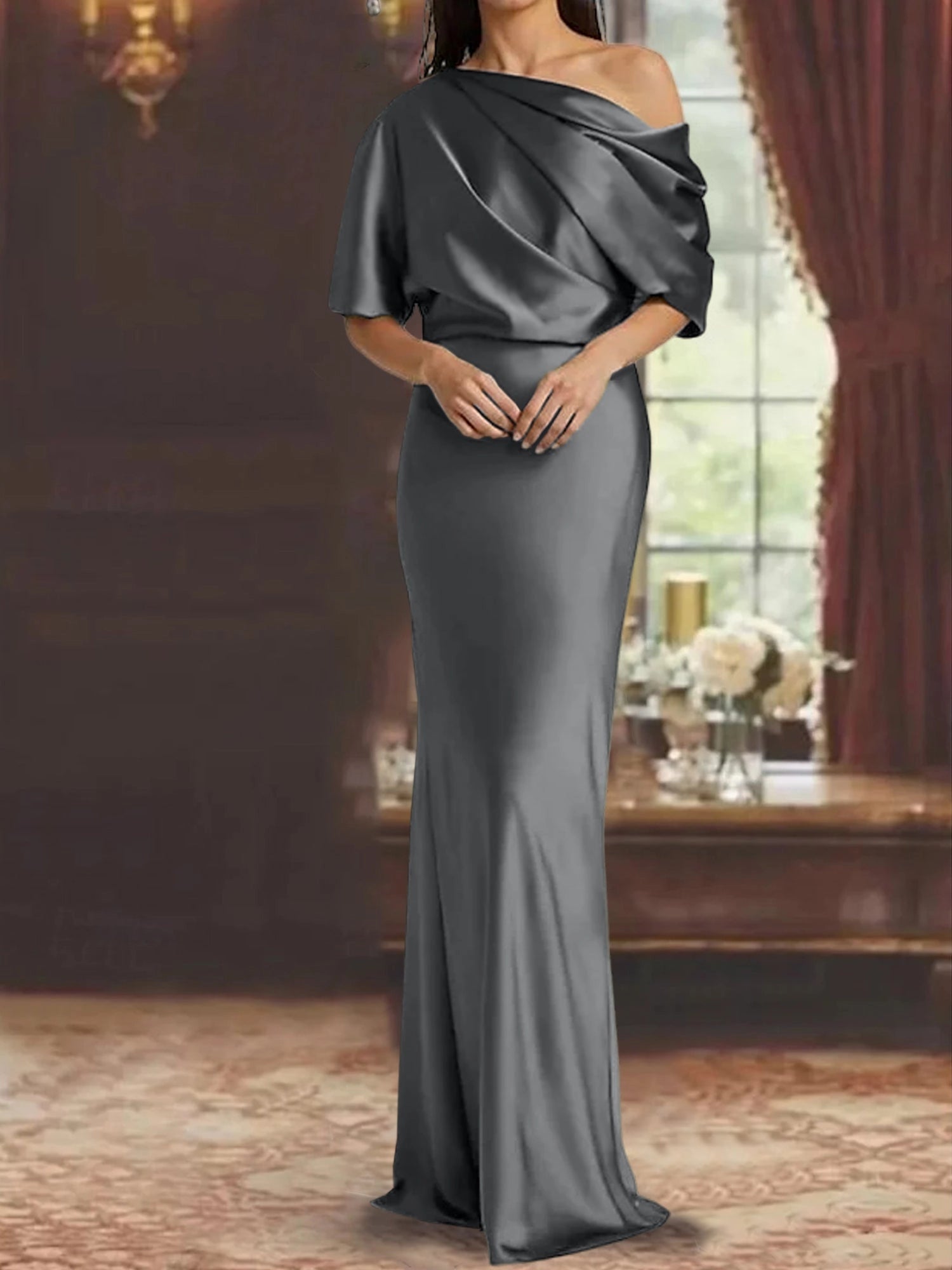 Luxury Mermaid One‑Shoulder Short‑Sleeve Open‑Back Floor‑Length Mother Of The Bride Dress