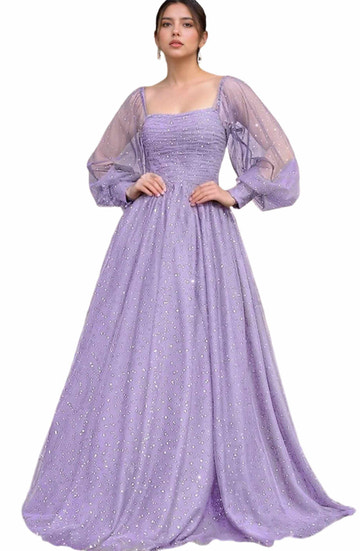 Square Neck Long Puff Sleeve Sparkle Tulle A-Line Floor-length Formal Evening Gown