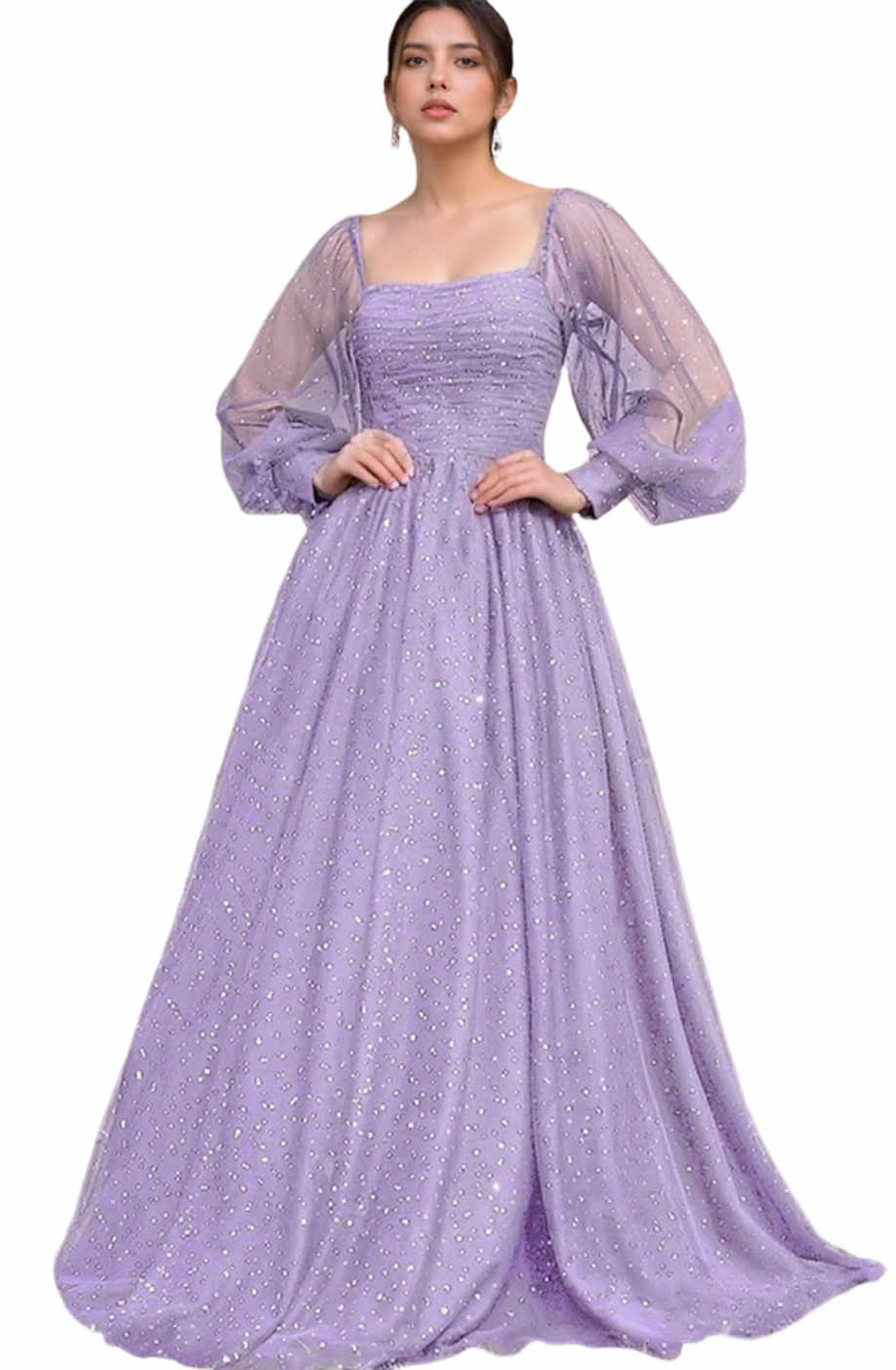 Square Neck Long Puff Sleeve Sparkle Tulle A-Line Floor-length Formal Evening Gown