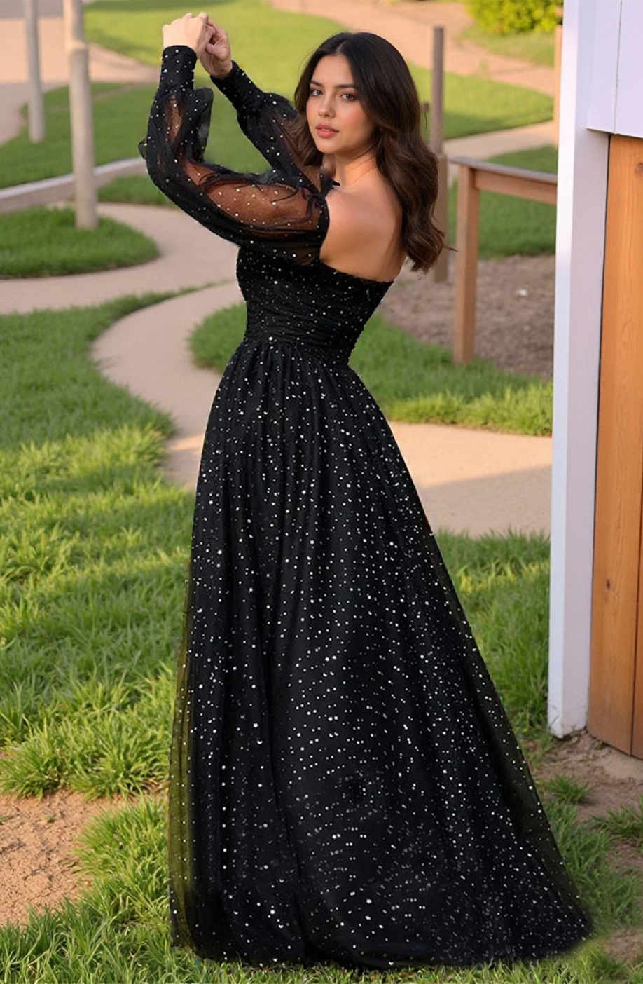 Square Neck Long Puff Sleeve Sparkle Tulle A-Line Floor-length Formal Evening Gown