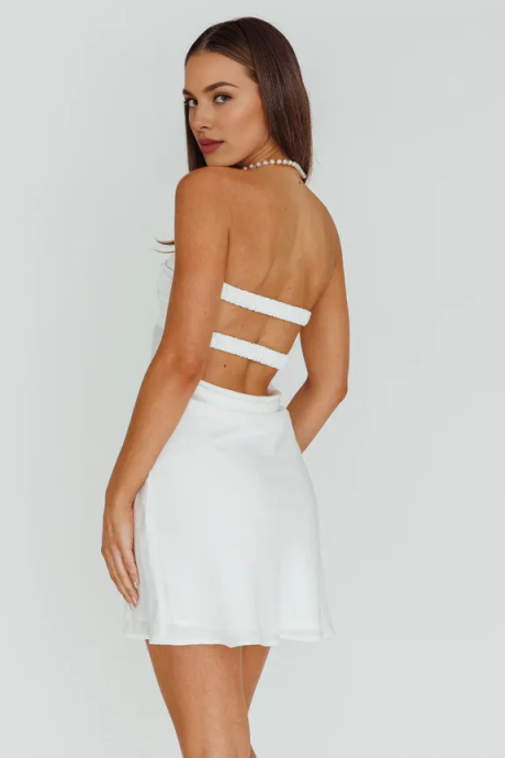 Twist Front Strapless Keyhole Mini Dress | Satin Open Back Flare Dress for Party, Wedding, Homecoming