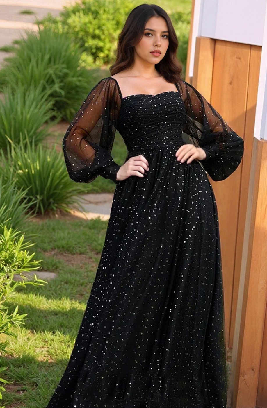 Square Neck Long Puff Sleeve Sparkle Tulle A-Line Floor-length Formal Evening Gown
