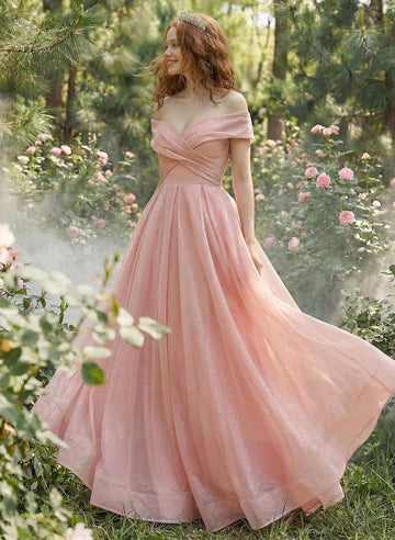 Romantic A-Line Off-Shoulder Sleeveless Zip Back Floor-Length Prom Dress
