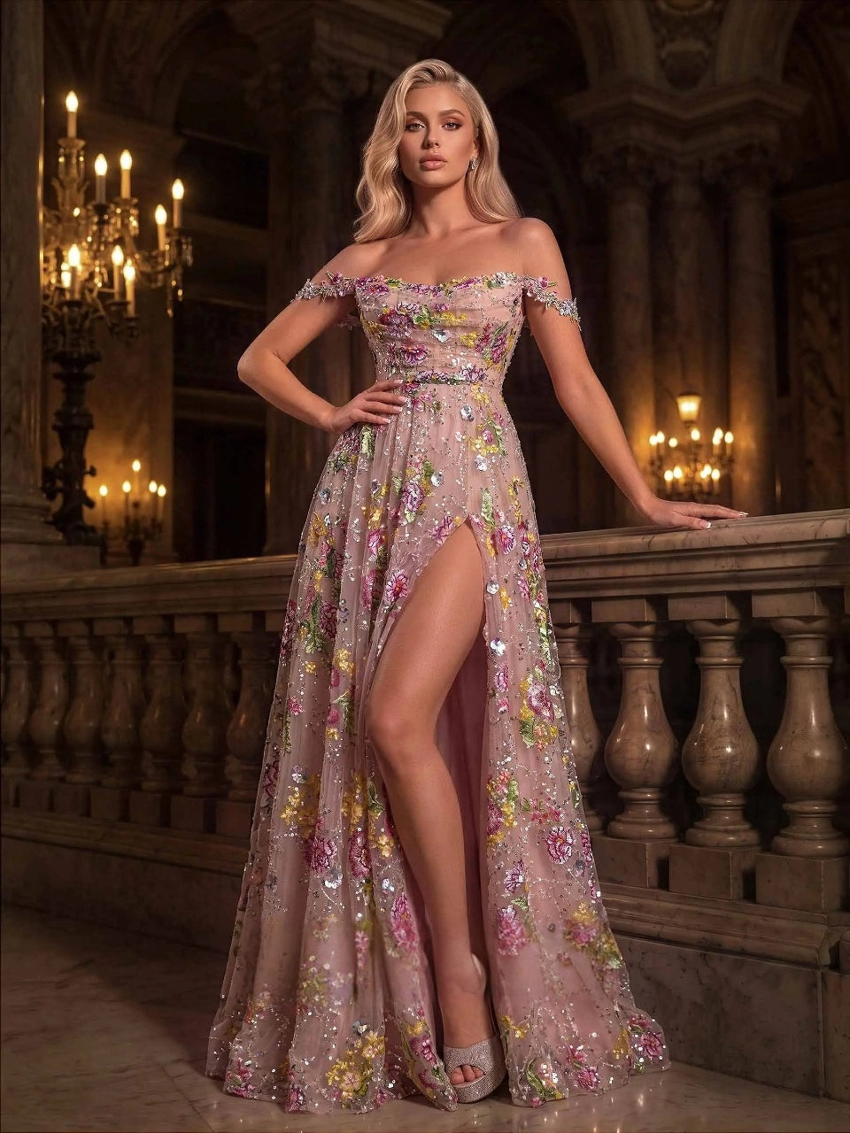 Romantic A-Line Off-Shoulder Sleeveless Low Back Floor-Length Prom Dress