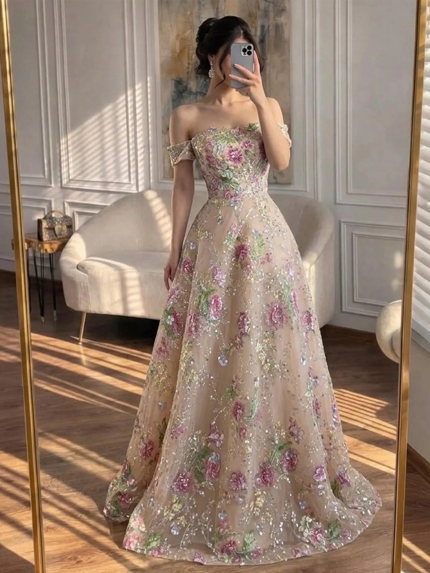 Romantic A-Line Off-Shoulder Sleeveless Zipper Back Floor-Length Prom Dress