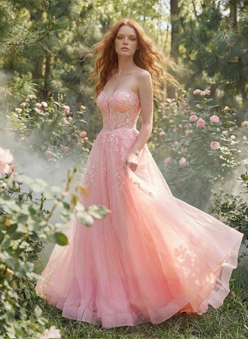 Romantic A-Line Sweetheart Sleeveless Sheer Corset Back Floor-Length Prom Dress