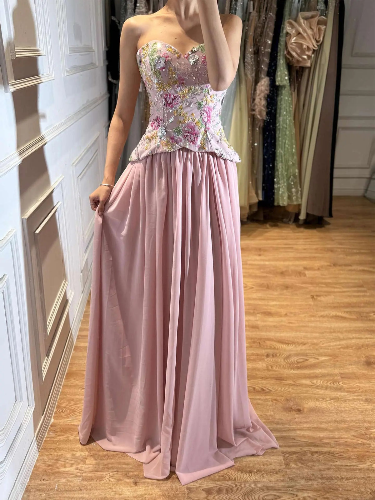 Romantic A-Line Sweetheart Strapless Lace-Up Back Floor-Length Prom Dress