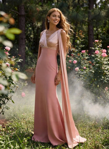 Refined Mermaid V-Neck Cape Sleeve Closed Back Floor-Length Prom Dress
