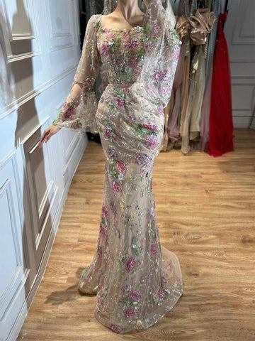 Floral sequin mermaid prom dress with square neckline and sheer long bell sleeves