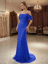 Champagne Off Shoulder Spaghetti Strap Sequin Mermaid Long Prom Dress With Train