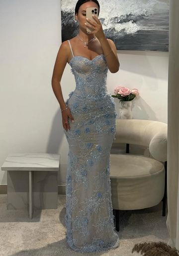 Precioso vestido de fiesta de sirena con tirantes finos de encaje con flores 3D, vestidos de noche formales con cordones