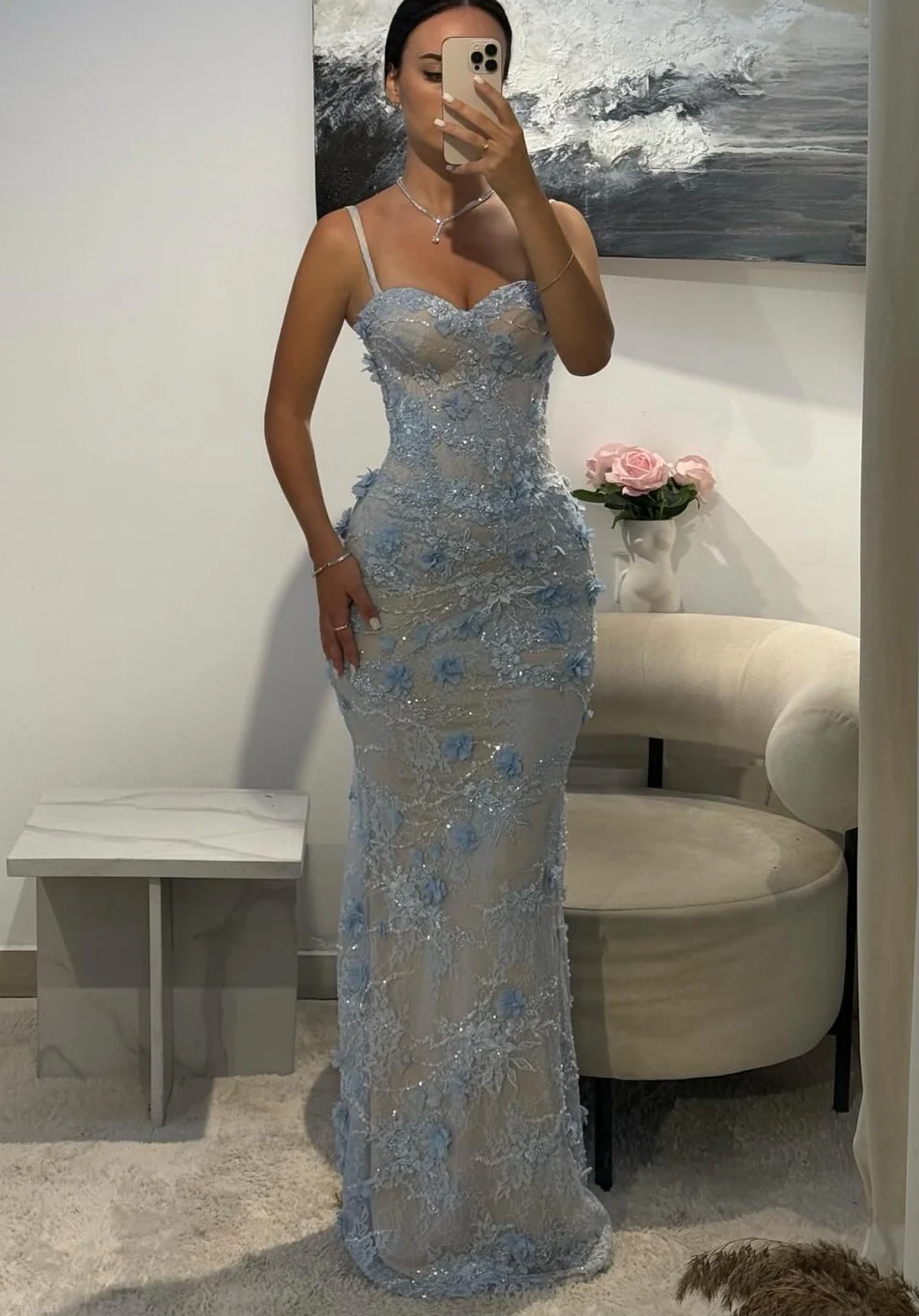 Precioso vestido de fiesta de sirena con tirantes finos de encaje con flores 3D, vestidos de noche formales con cordones
