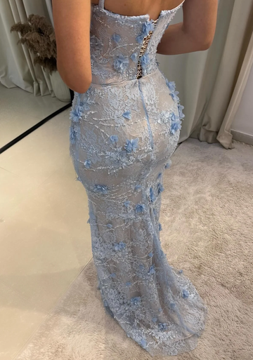 Precioso vestido de fiesta de sirena con tirantes finos de encaje con flores 3D, vestidos de noche formales con cordones