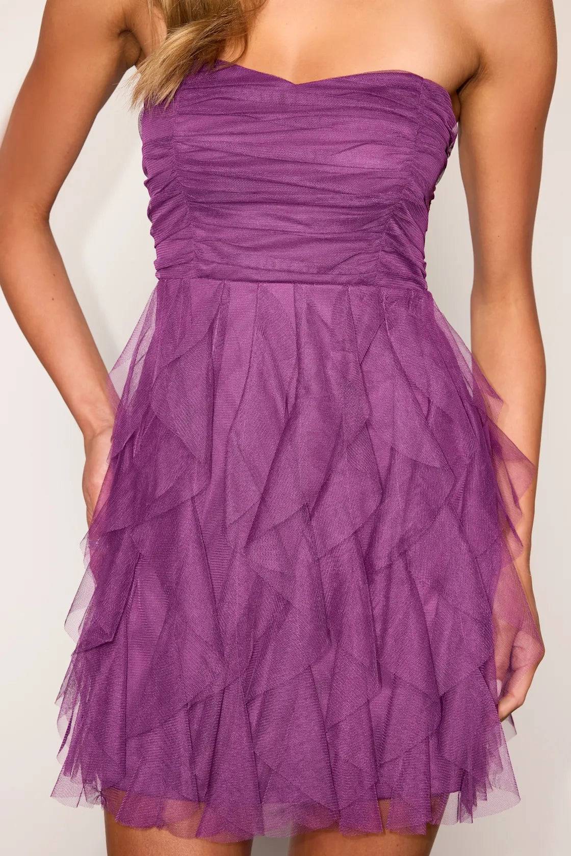 Purple Ruffle Tulle A Line Strapless Zip Back Mini Homecoming Dress