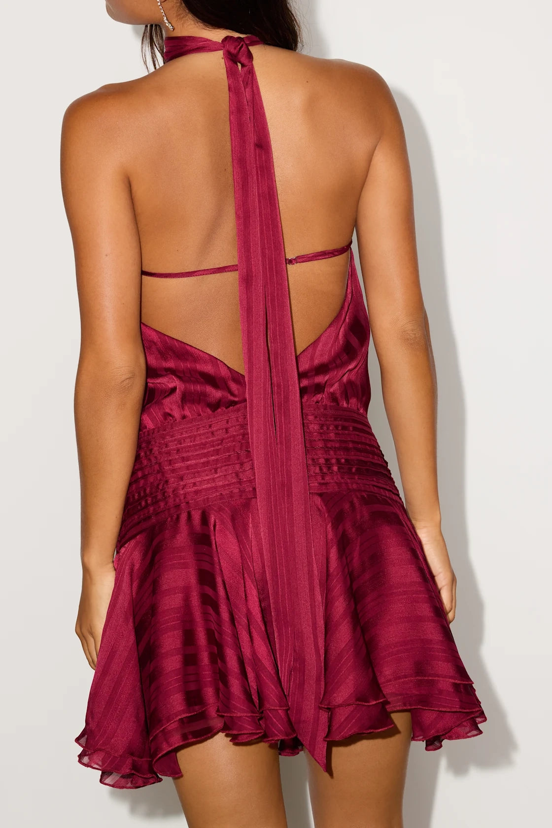 Vedress wine red open back long tie strap satin mini homecoming party dress back detailed shot