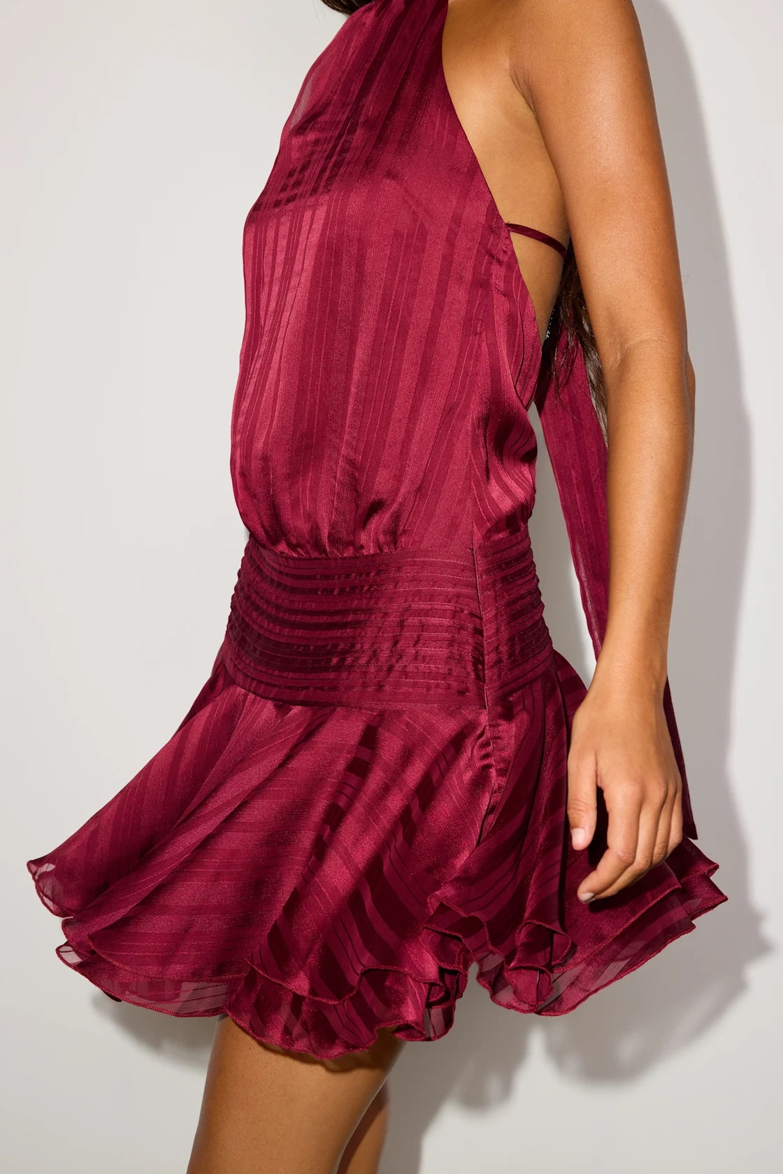 Glam Slip Halter Tie Back Ruffle Mini Homecoming Dress