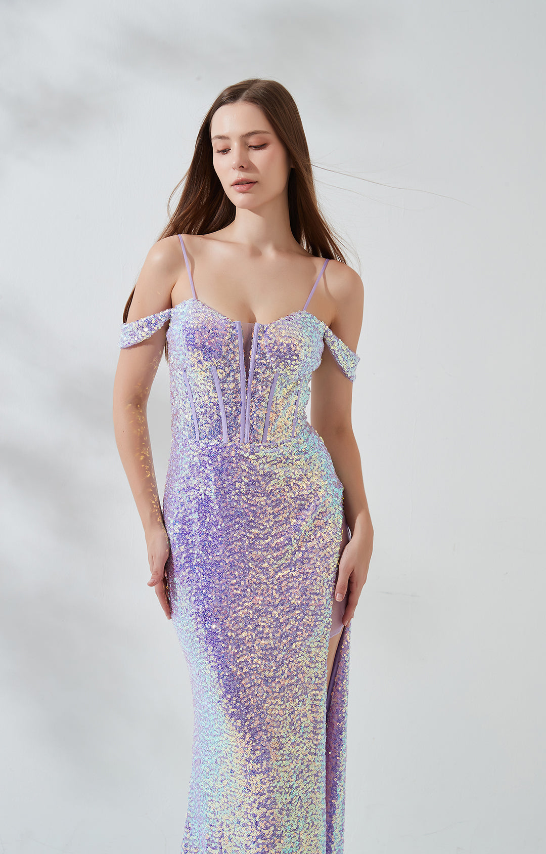 Vestido de Noche de Sirena con Lentejuelas, Hombros Descubiertos, Brillo, Abertura Alta y Escote Corazón, Vestido Formal de Fiesta de Graduación