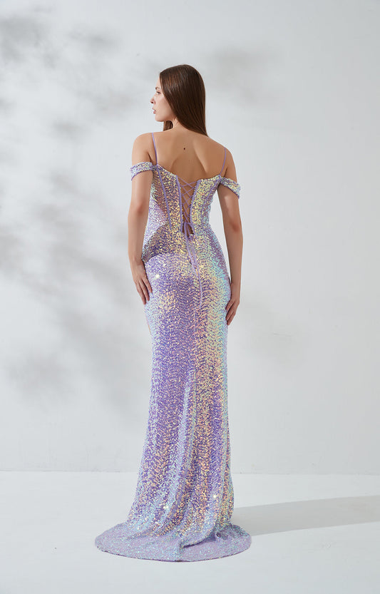 Sequin Off-the-Shoulder Glitter Mermaid Evening Gown with High Slit Sweetheart Neckline Formal Prom Dress