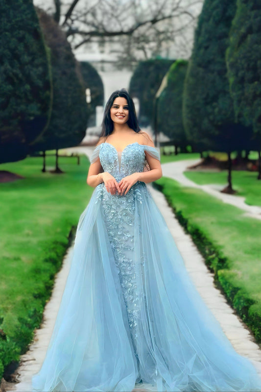 A-Line Off Shoulder Tulle Evening Gown with Floral Lace Embroidery Sheer Bodice Prom Dresses