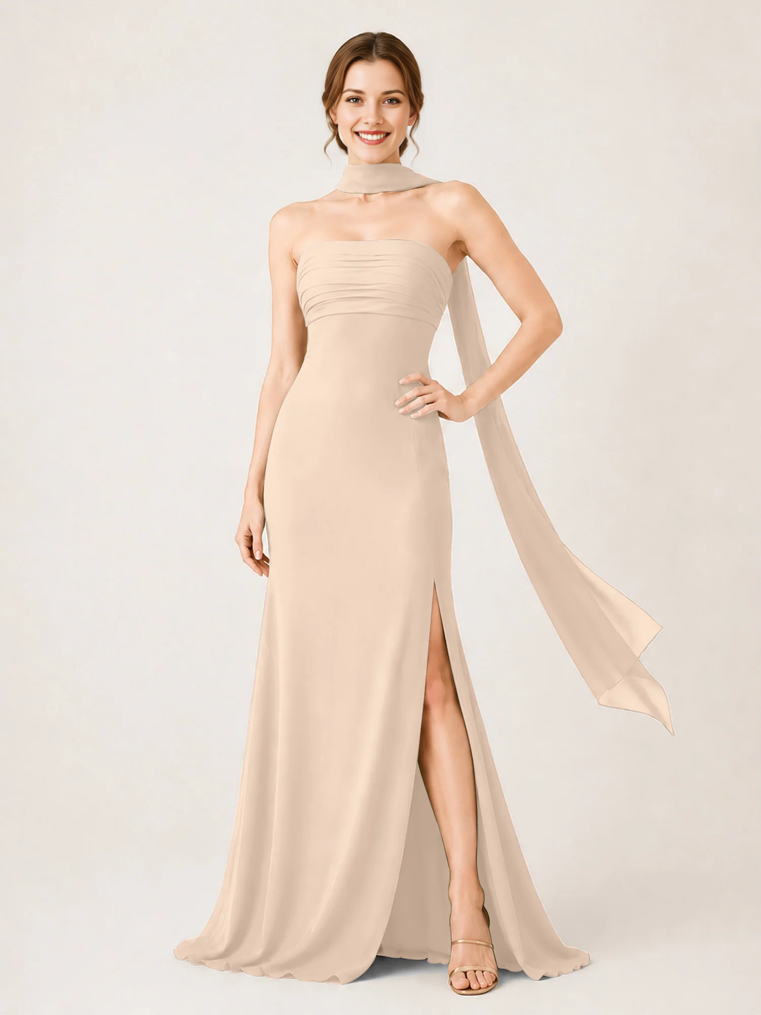 Strapless Ruched Chiffon Mermaid Bridesmaid Dress with Choker Scarf & High Slit
