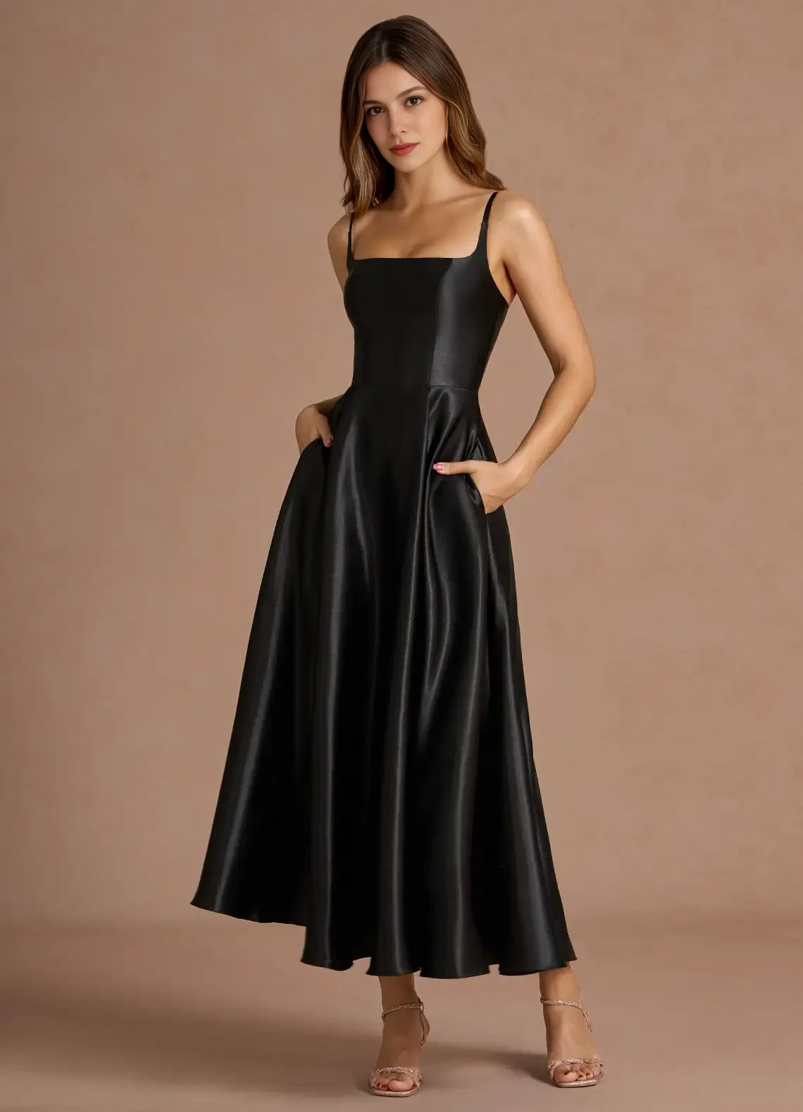 Elegant A-line Flare Square Sleeveless Satin Midi Wedding Guest Dress Corset Back Pockets Party Dress