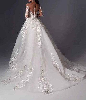 Off-the-Shoulder Mermaid Wedding Dress with Detachable Overskirt, Long Illusion Lace Sleeves & Deep V-Neck