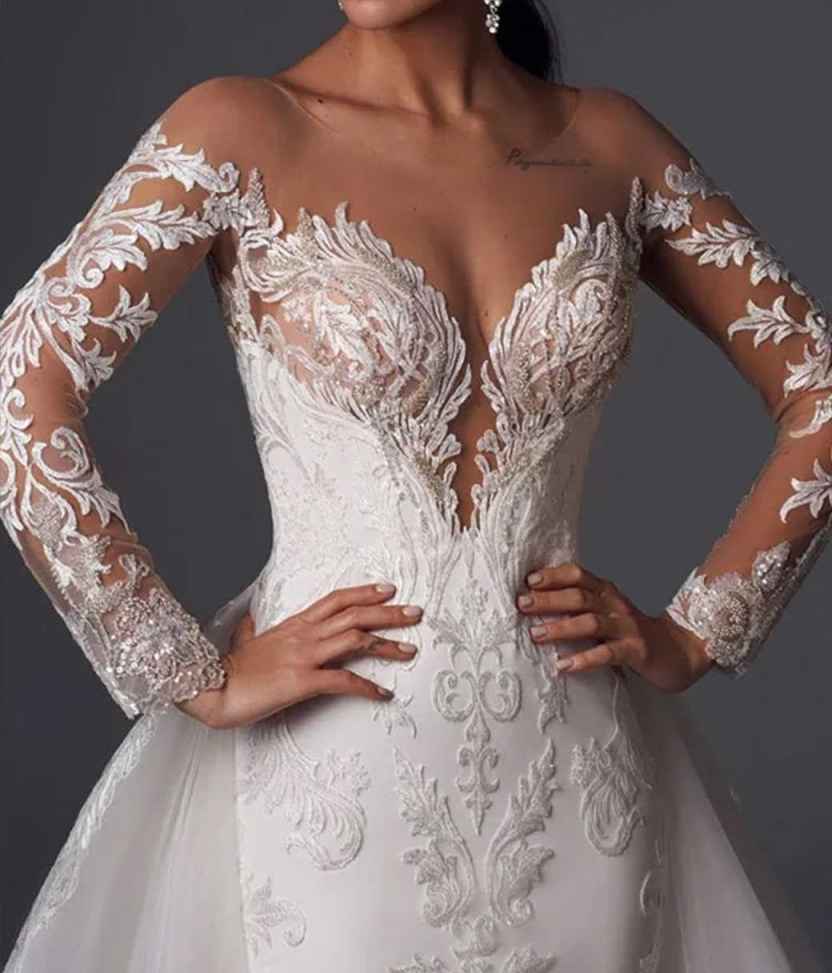 Off-the-Shoulder Mermaid Wedding Dress with Detachable Overskirt, Long Illusion Lace Sleeves & Deep V-Neck