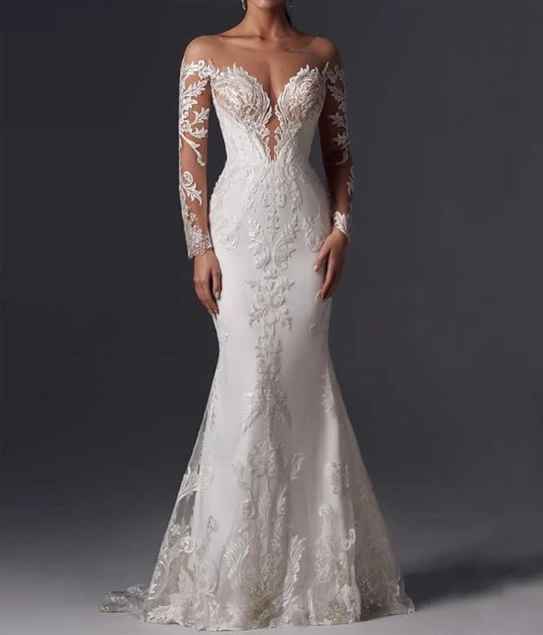 Off-the-Shoulder Mermaid Wedding Dress with Detachable Overskirt, Long Illusion Lace Sleeves & Deep V-Neck