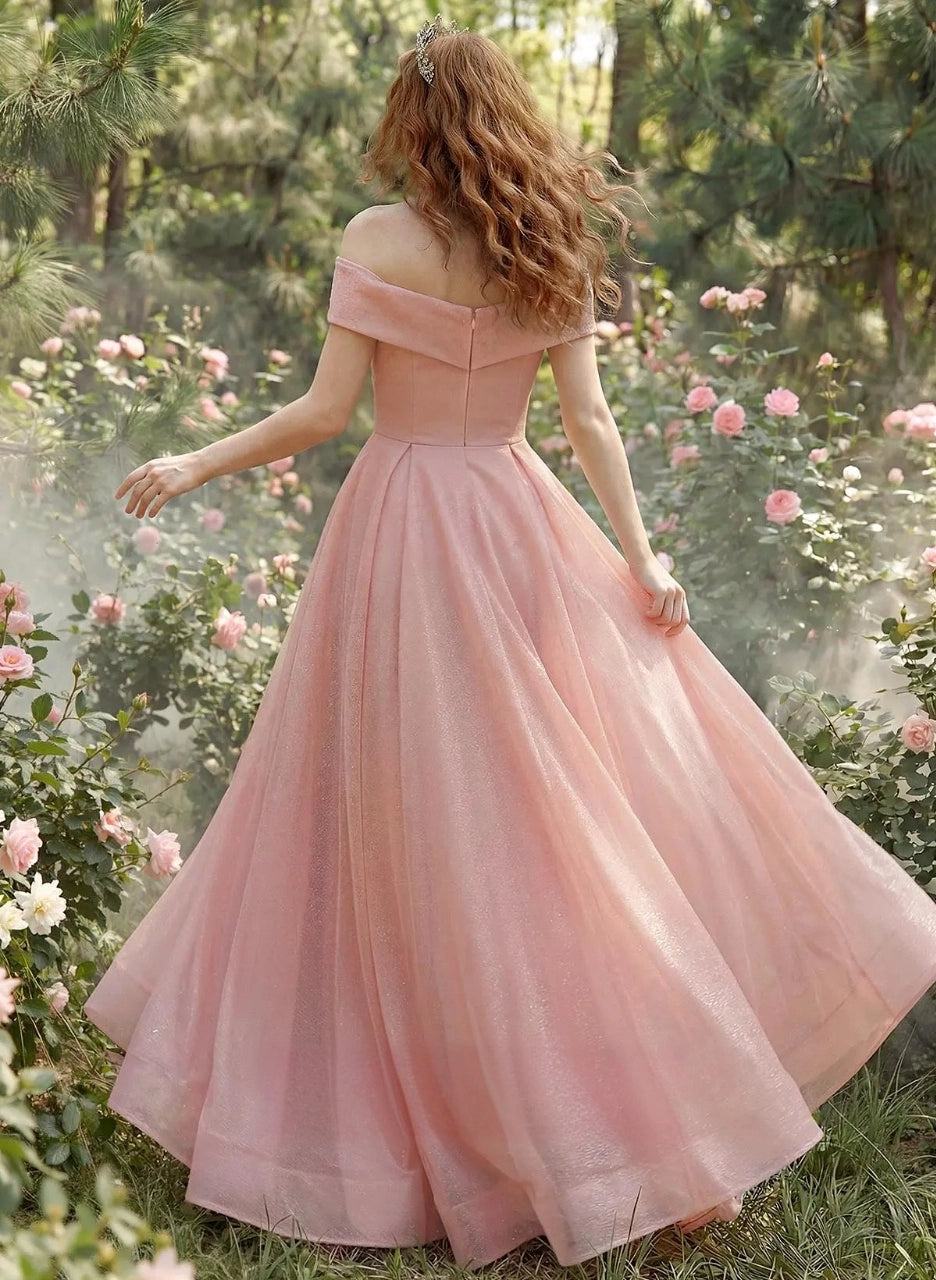Romantic A-Line Off-Shoulder Sleeveless Zip Back Floor-Length Prom Dress