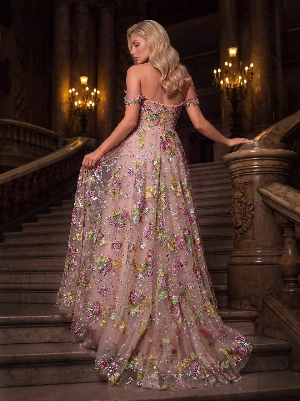 Romantic A-Line Off-Shoulder Sleeveless Low Back Floor-Length Prom Dress