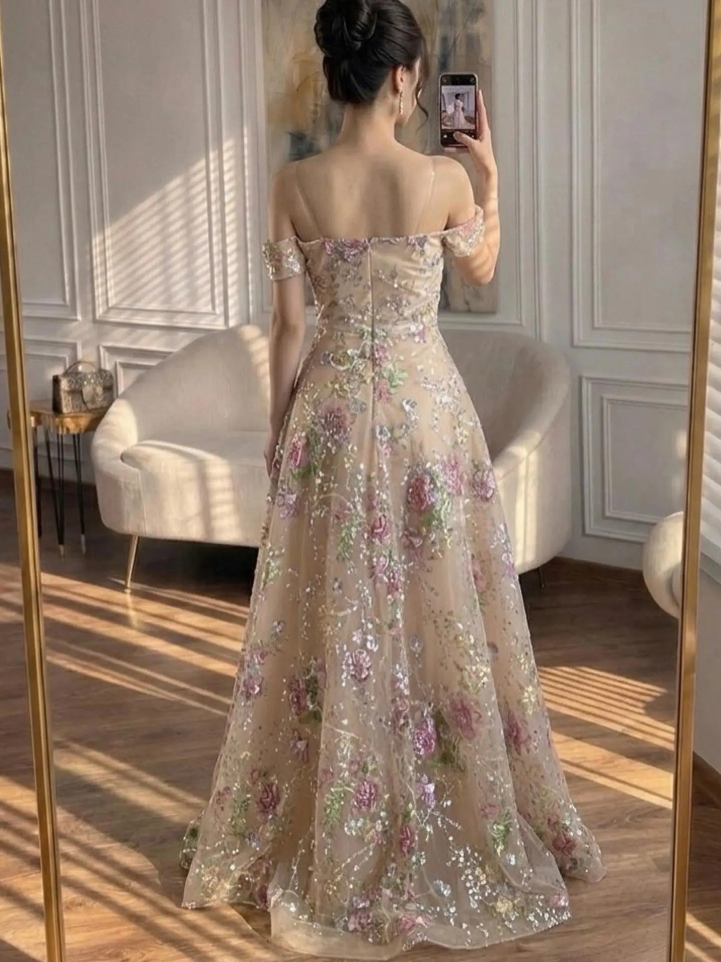 Romantic A-Line Off-Shoulder Sleeveless Zipper Back Floor-Length Prom Dress