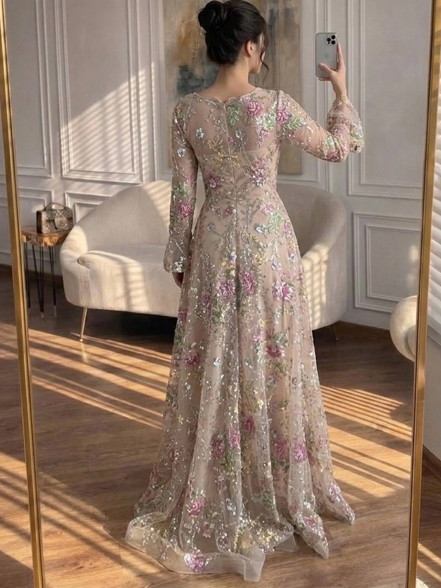 Romantic A-Line Square Neck Long Sleeve Illusion Back Floor-Length Prom Dress