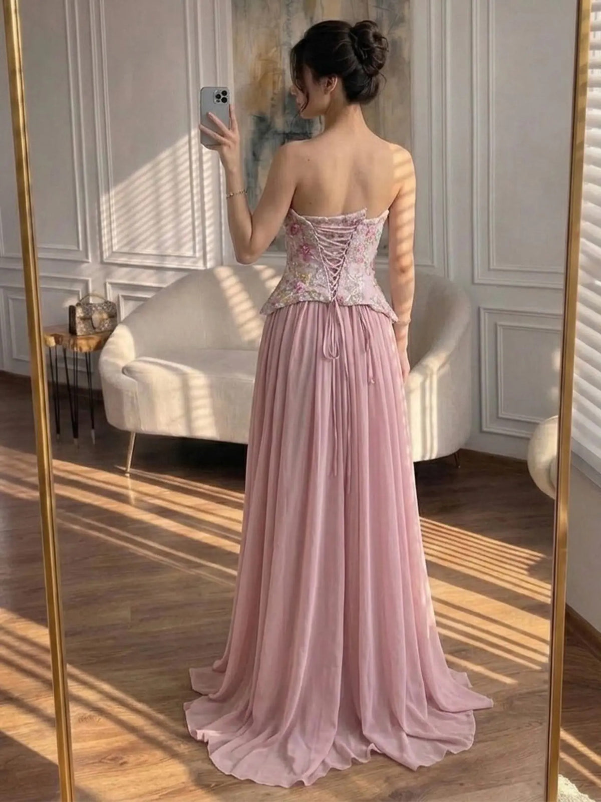 Romantic A-Line Sweetheart Strapless Lace-Up Back Floor-Length Prom Dress