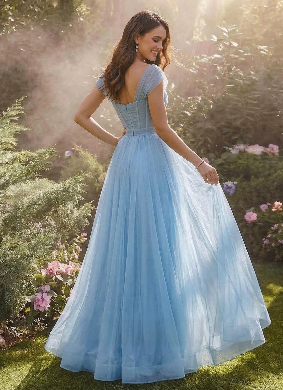 Refined A-Line V-Neck Cap Sleeve Low Back Floor-Length Prom Dress