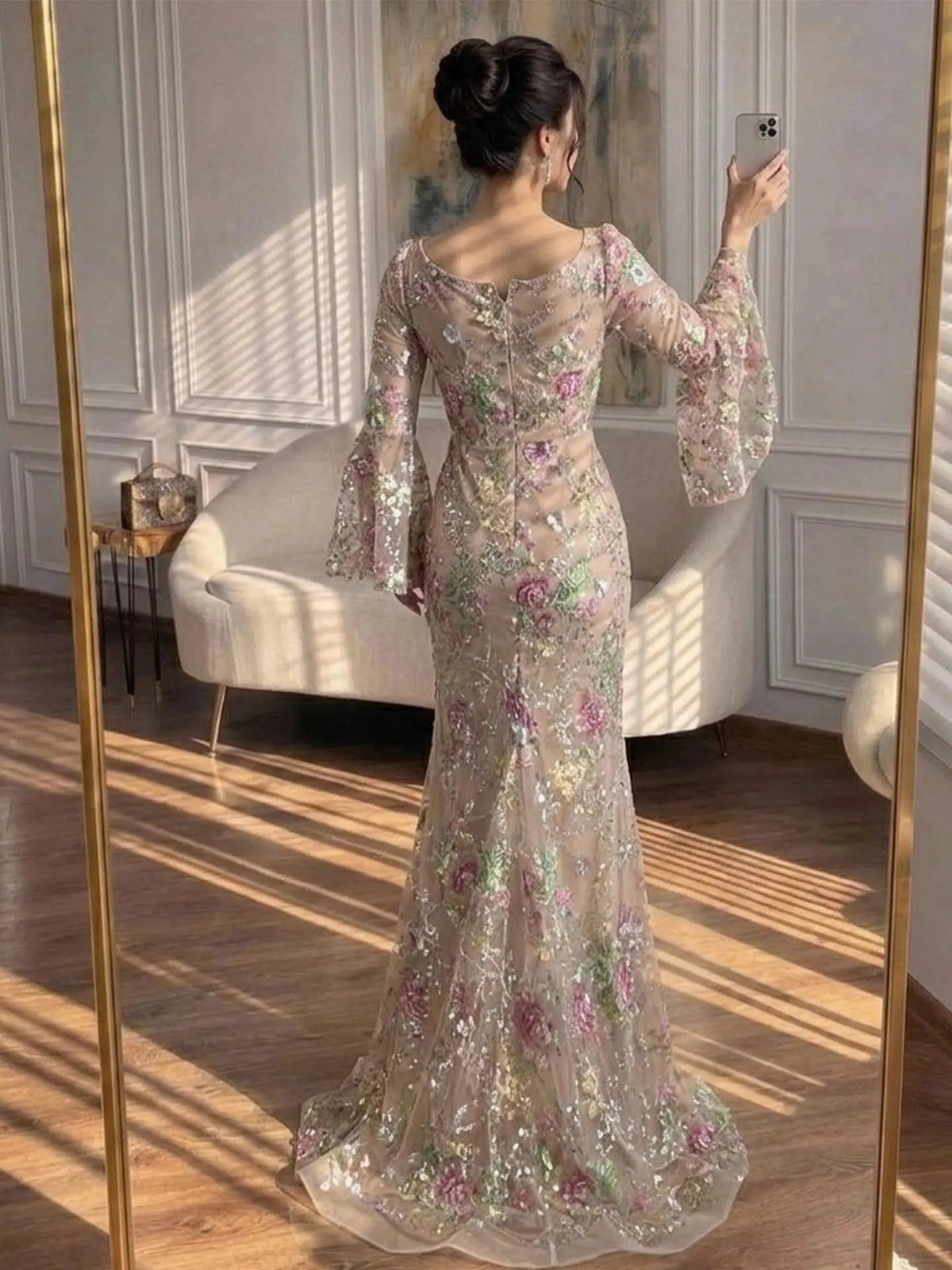 Romantic Floral Mermaid Square Neckline Long Sleeve Zip Back Floor-Length Prom Dress