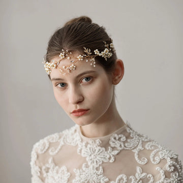 Gold-Tone Pearl Floral Bridal Forehead Headpiece