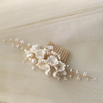 White Floral Pearl Bridal Hair Comb with Gold-Tone Branches