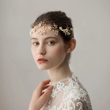 Gold-Tone Pearl Floral Bridal Forehead Headpiece