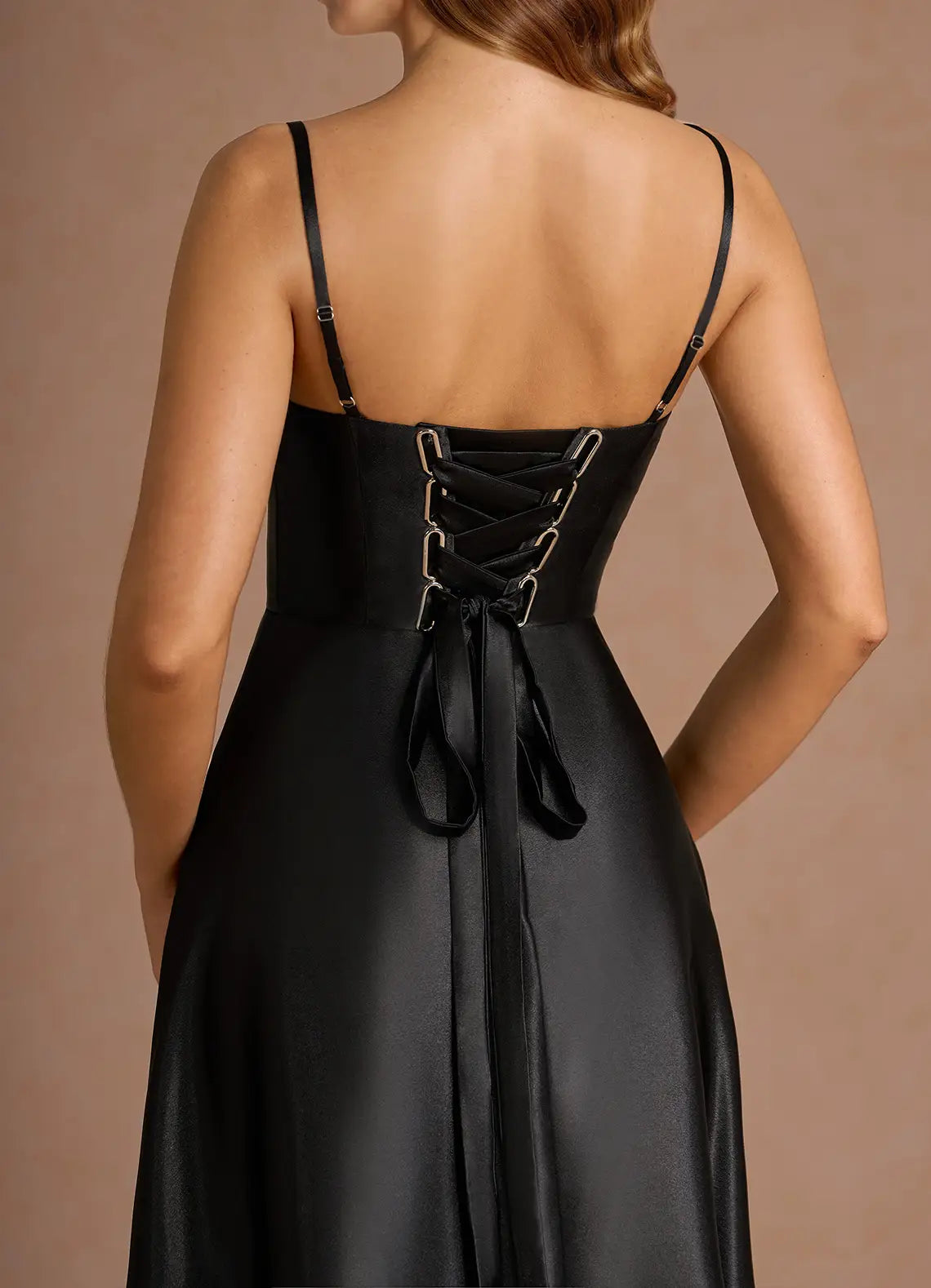 Elegant A-line Flare Square Sleeveless Satin Midi Wedding Guest Dress Corset Back Pockets Party Dress