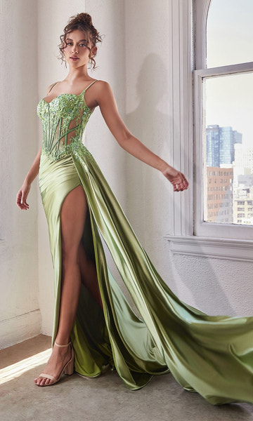 Silver Satin Corset Prom Gown - Sheer Lace Applique Bust, High Slit & Draped Side for Evening Galas