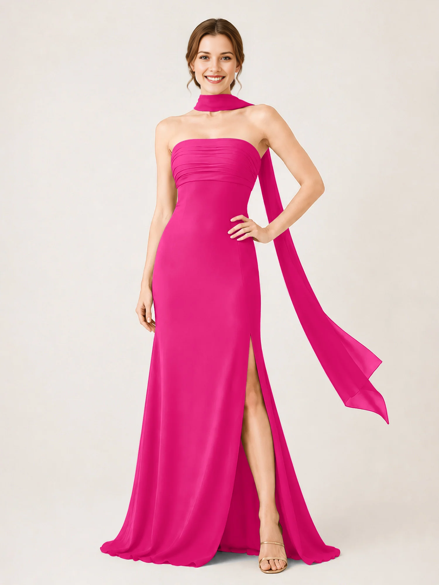 Strapless Ruched Chiffon Mermaid Bridesmaid Dress with Choker Scarf & High Slit