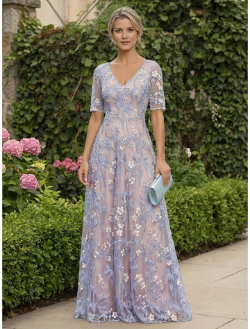 V-Neck Half Sleeve Floral Embroidered Tulle A-Line Floor-Length Mother of the Bride Dress